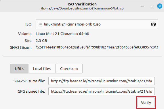 The Linux Mint 21.1 ISO verification application withthe checksum and GPG signature fields auto-completed
