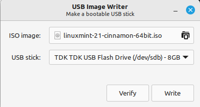 The Linux Mint 21.1 USB Image Writer application