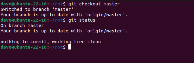 Checking out the master branch and using git status to see its state