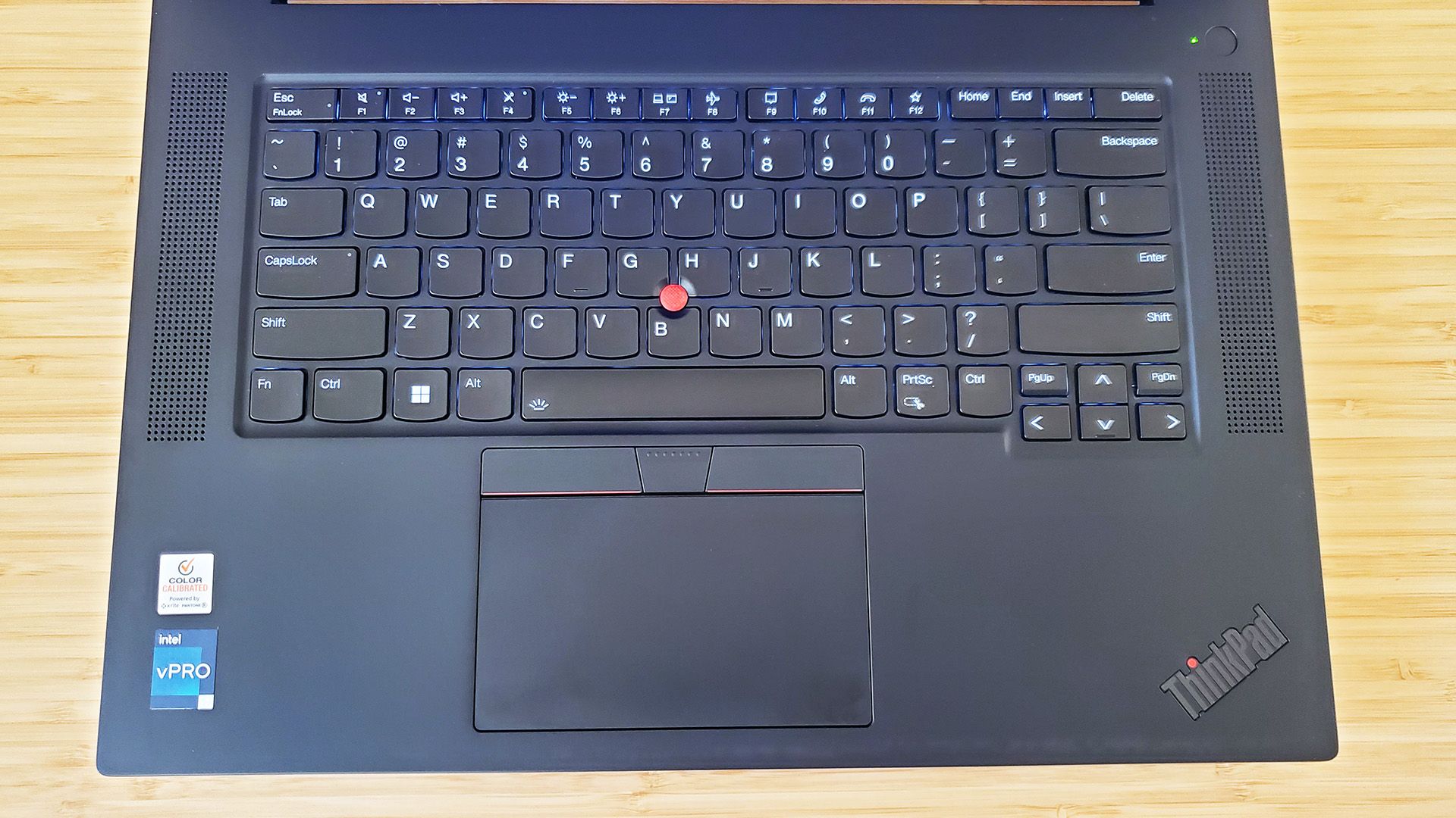 The Lenovo ThinkPad X1 Extreme Gen 5 laptop's keyboard lying on a desk.