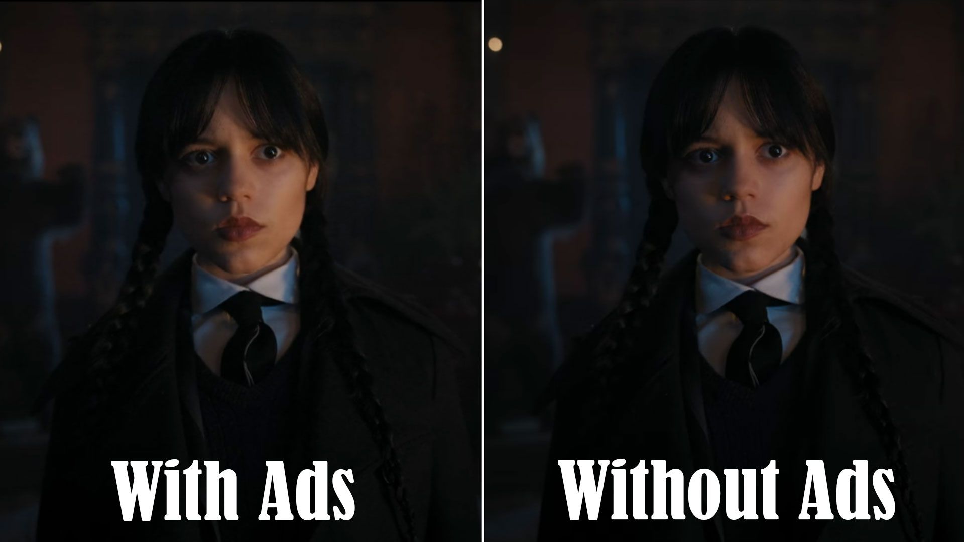 Image comparison using Wednesday, showing the with ads basic plan against the without ads premium plan