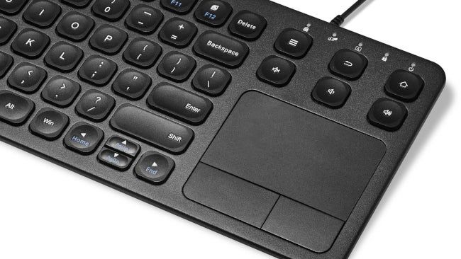 Closeup of a Vilros wired keyboard with a built-in touchpad.