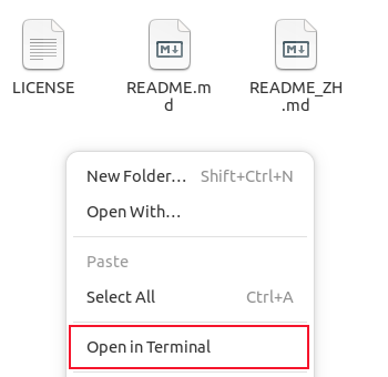 Right-click context menu with "open in Terminal" option highlighted