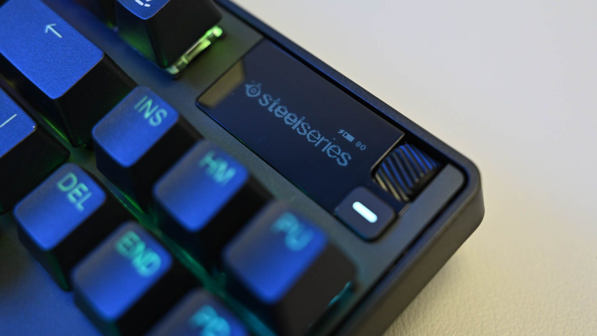 Close Up of Screen on Steelseries Apex Pro TKL Keyboard.