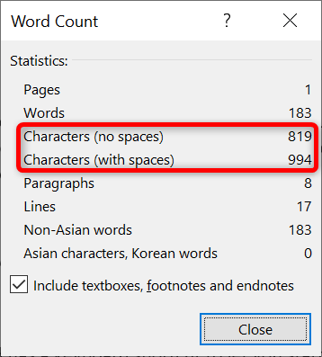 Character count in Word's "Word Count" window.