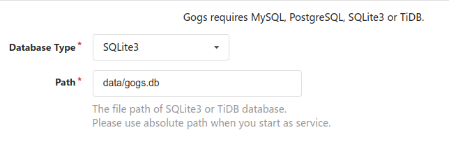 The database selection menu portion of the Gogs configuration screen