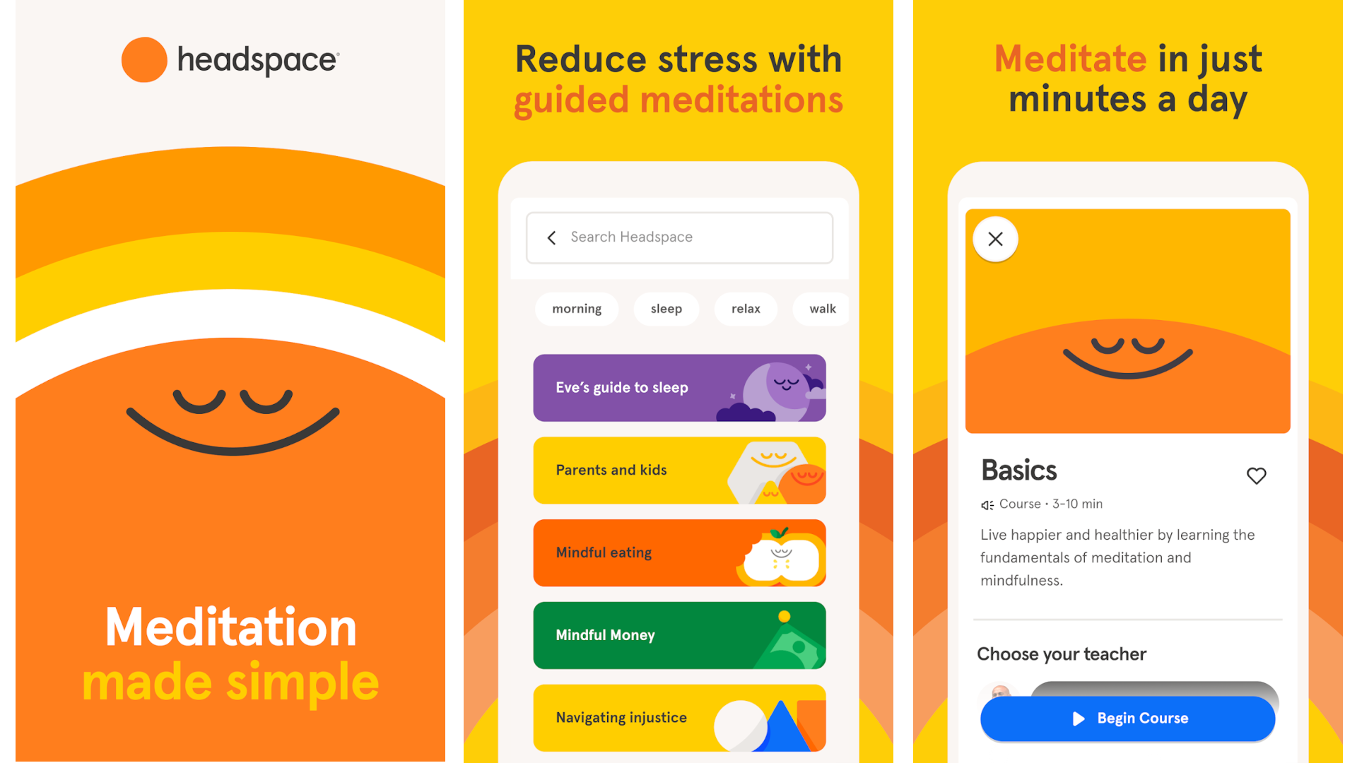 Screenshots show the interface of the Headspace app.