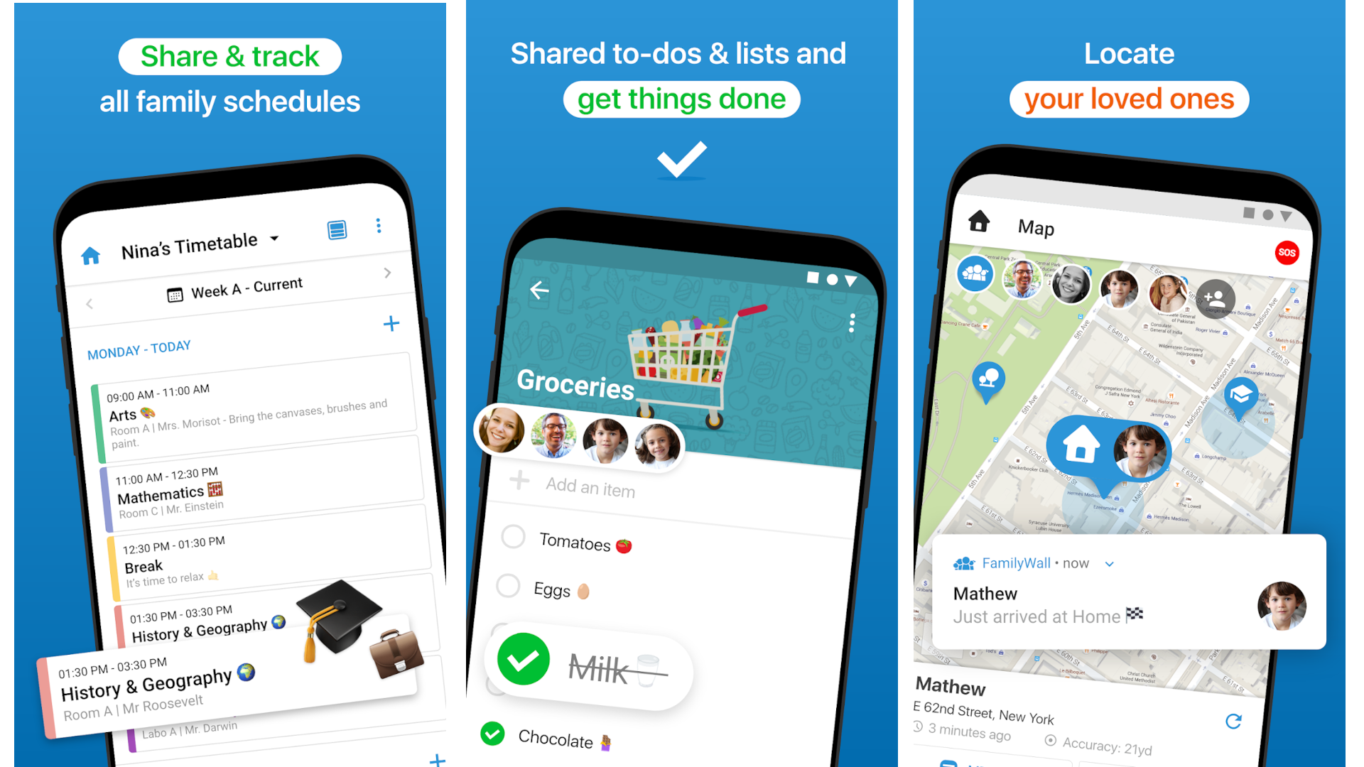 Screenshots show the interface of the FamilyWall app.