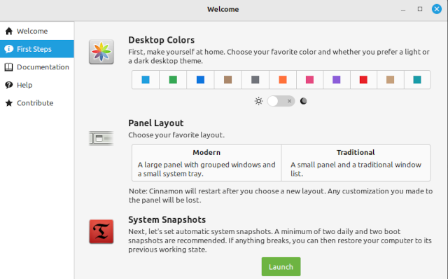 The Linux Mint 21.1 welcom e application, open ed at the "First Steps" pane.