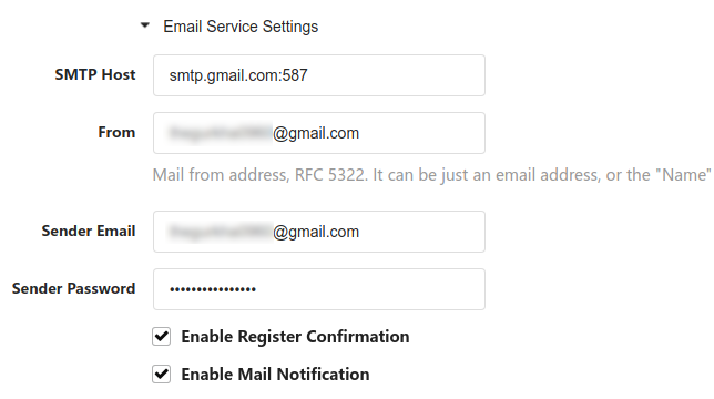 The "Email Service Settings" portion of the Gogs configuration screen