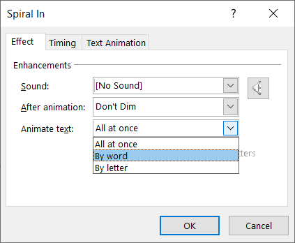 By Word and By Letter in the Animate Text box