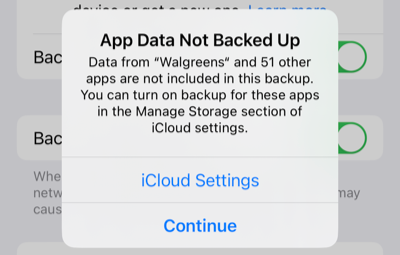 Alert for app data not included in the backup