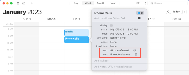 Alerts for an Apple Calendar event