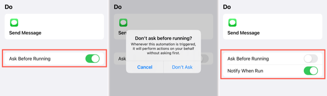Ask before running option and confirmation to turn off