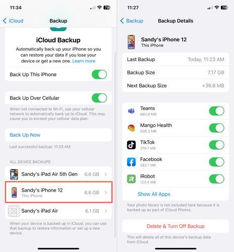 iCloud backup details on iPhone