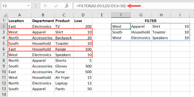 FILTER function formula using number criteria