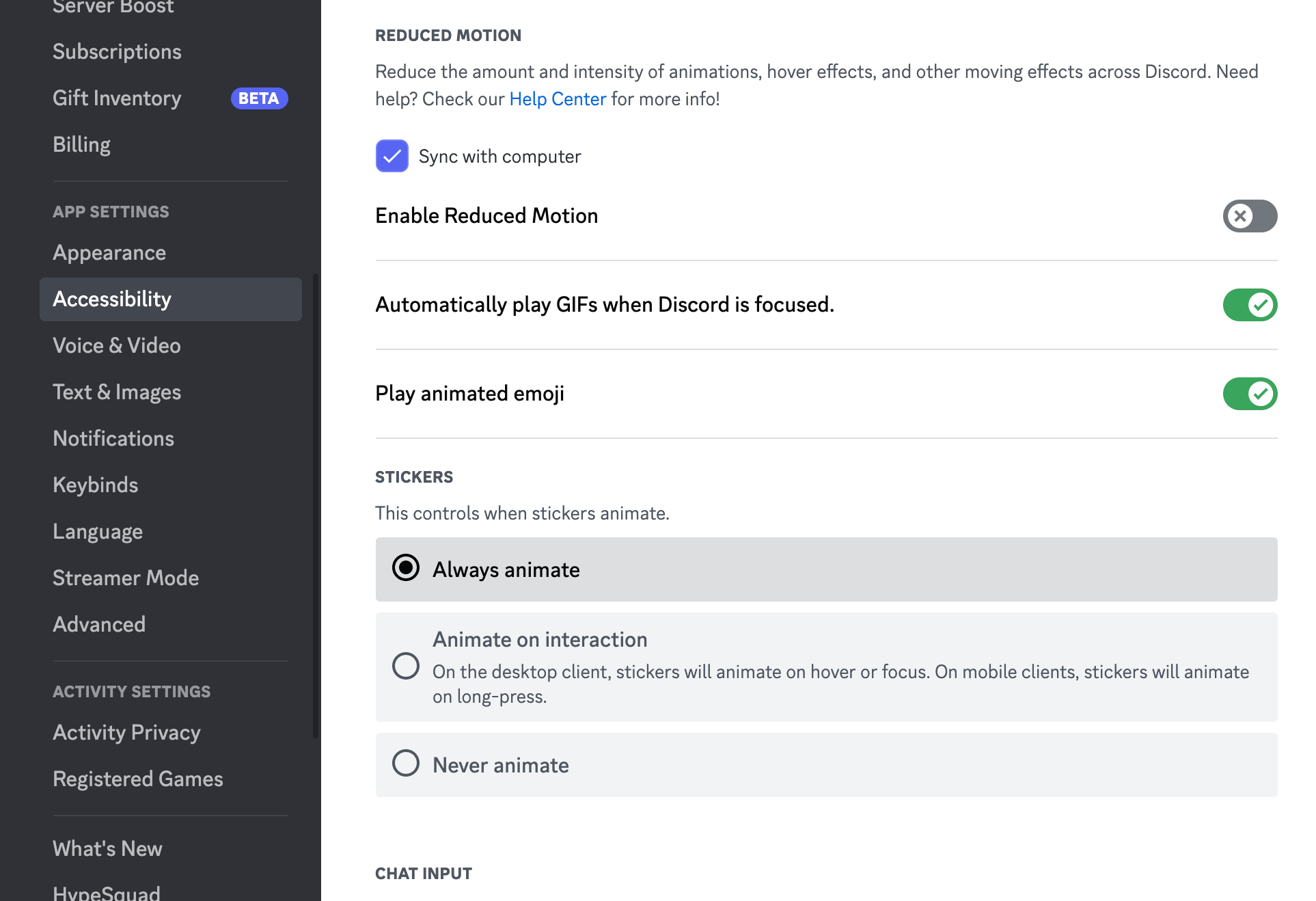 Discord accessibility settings window