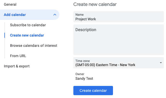 Create New Calendar in Google Calendar