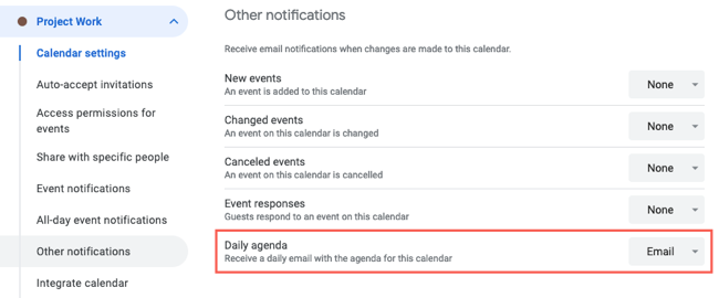 Daily Agenda settings with Email chosen