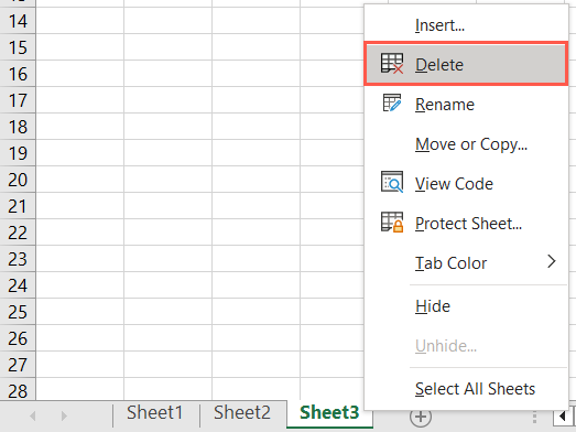 Delete in the sheet menu