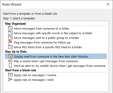 Creating a display message rule in Outlook on Windows