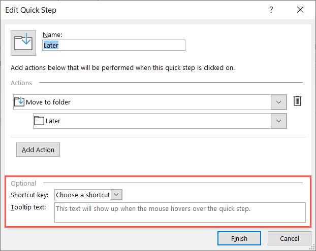 Quick Step shortcut and tool tip text