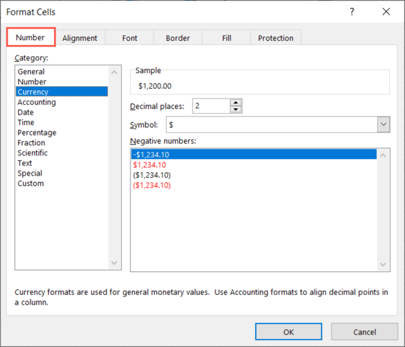 Number tab in the Format Cells box