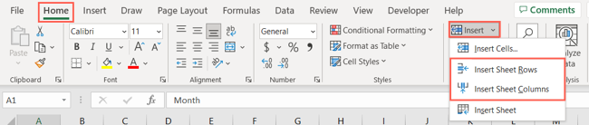 Insert Sheet Columns and Rows on the Home tab