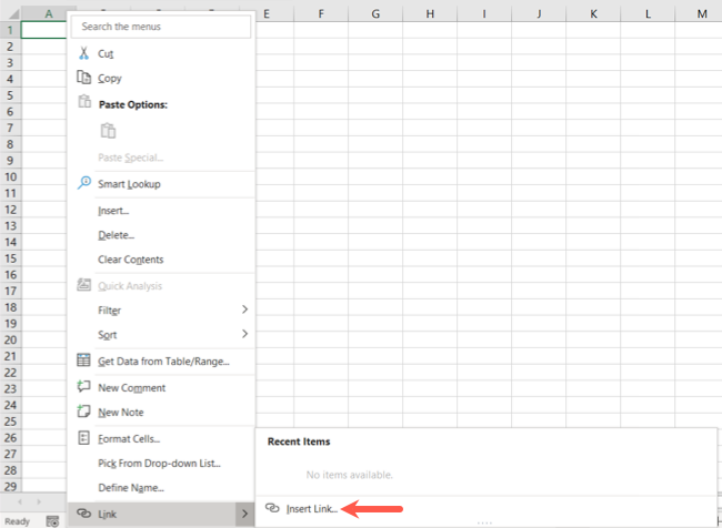 Insert Link in the Excel shortcut menu