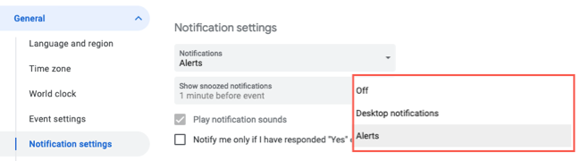 Notification settings in Google Calendar