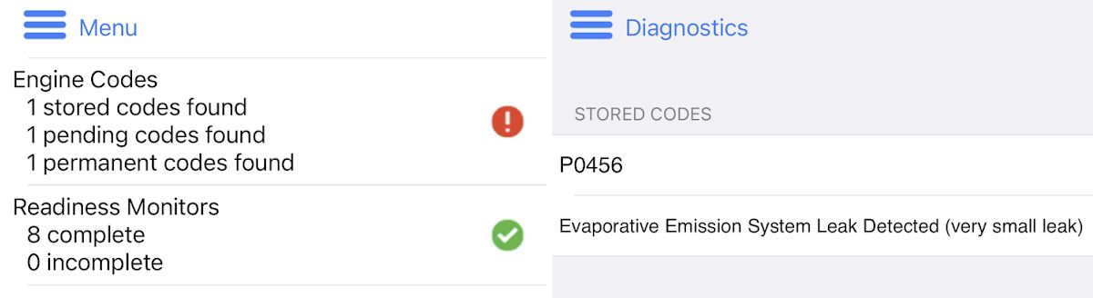 A screenshot of the an iPhone app displaying ODB supplied diagnostic codes.