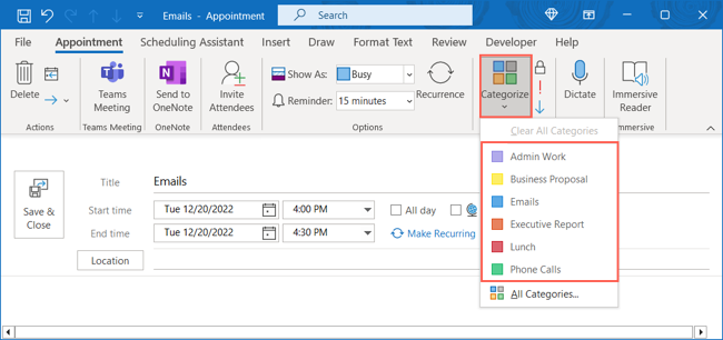 Categorize drop-down list in Outlook