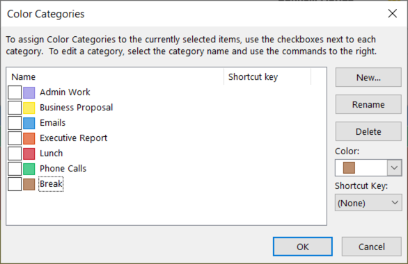 Category setup window in Outlook Calendar