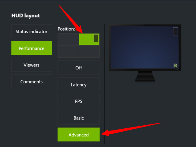 Click a quadrent to move the performance overlay, and select what variant of the overlay you want displayed. 