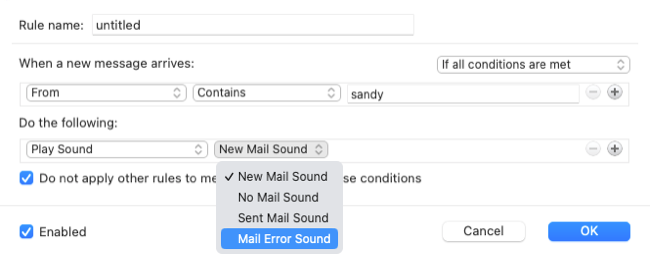Creating a play sound rule in Outlook on Mac