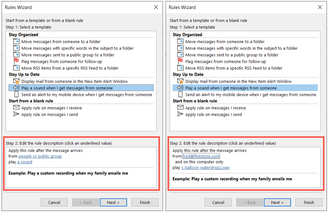 Step 2 box for a play sound rule in Outlook