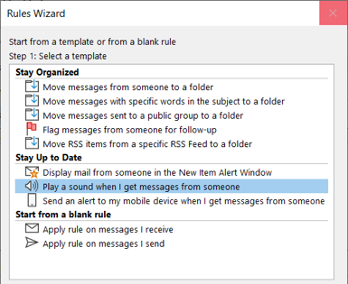 Creating a play sound rule in Outlook on Windows