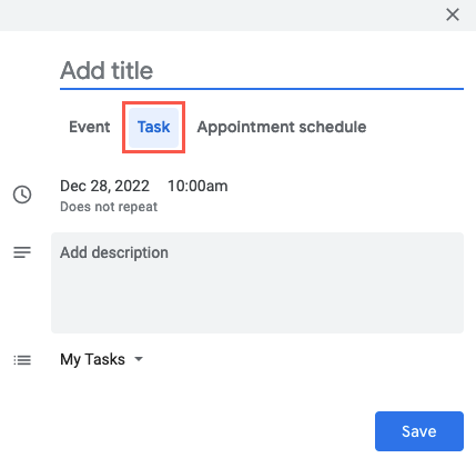 Create a task in Google Calendar