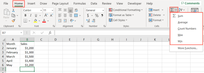 Calculations in the Sum menu