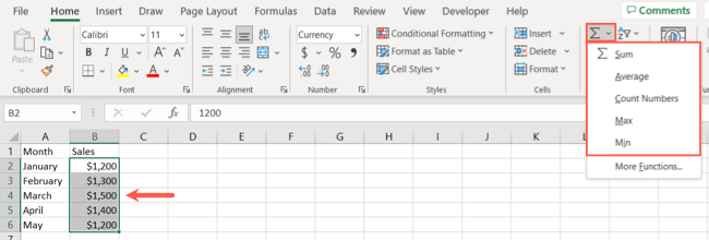 Selected cells and the Sum menu