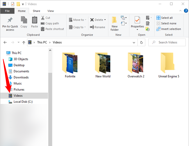 The "Videos" folder open in File Explorer. 