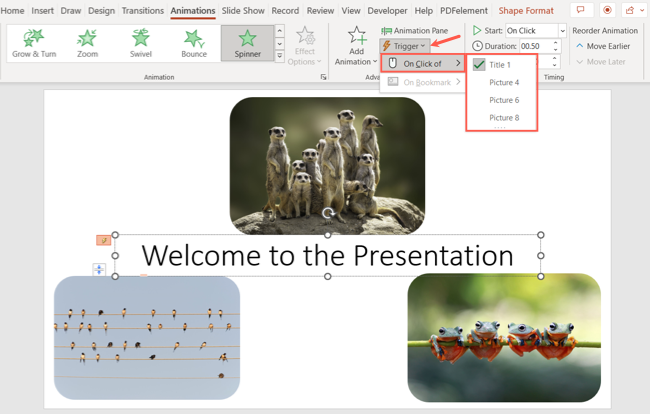 Trigger options for an animation in PowerPoint