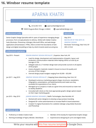 Create a Copy below the Windsor resume template