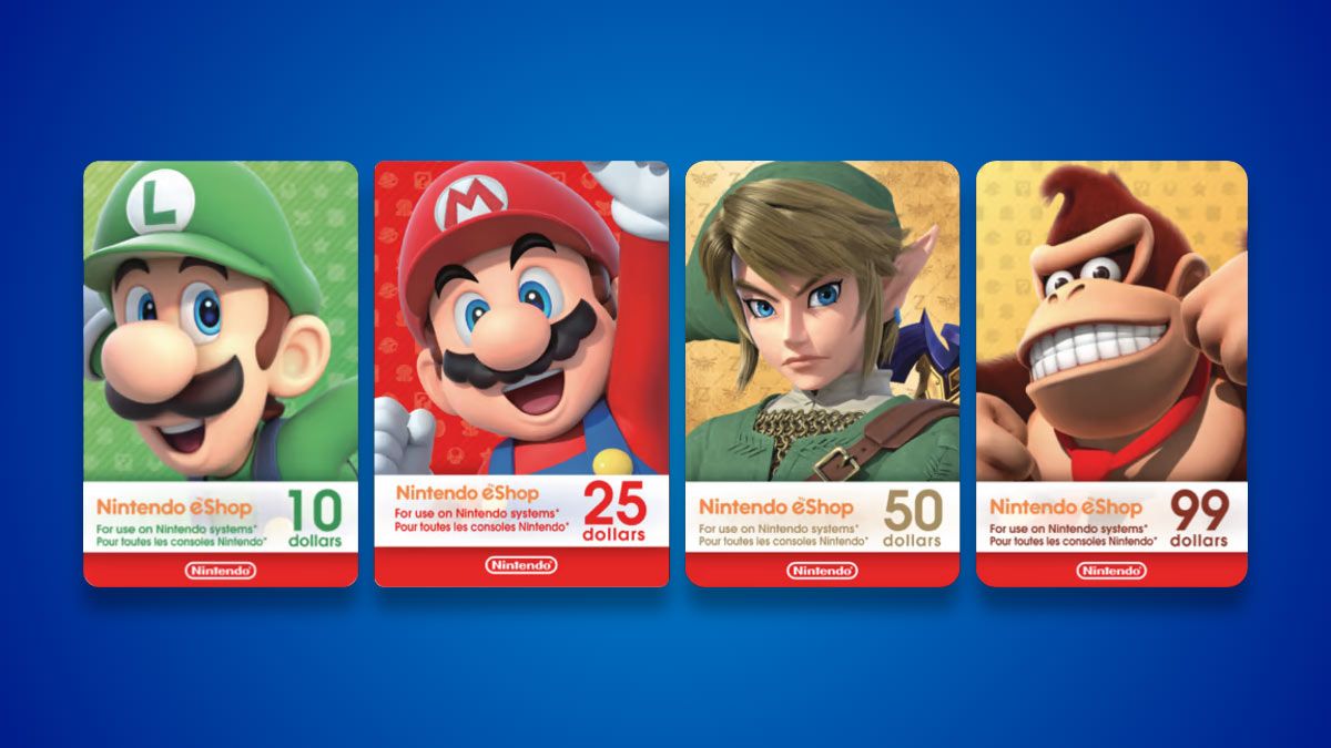 A row of Nintendo gift cards on a blue background.