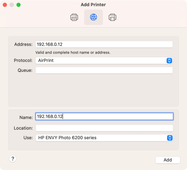 Add a printer using its IP address in macOS System Settings