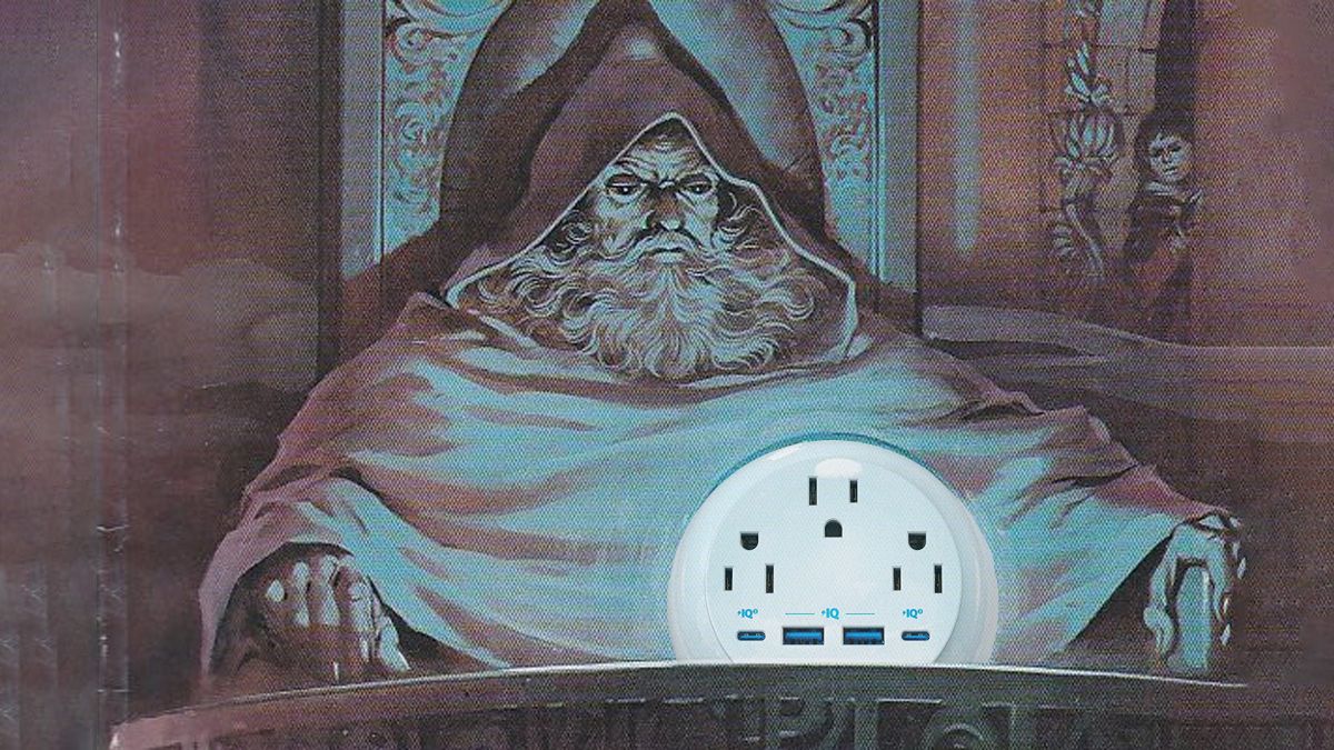 Anker Magnetic Desktop Charging Station edited into an illustration of someone looking at an orb