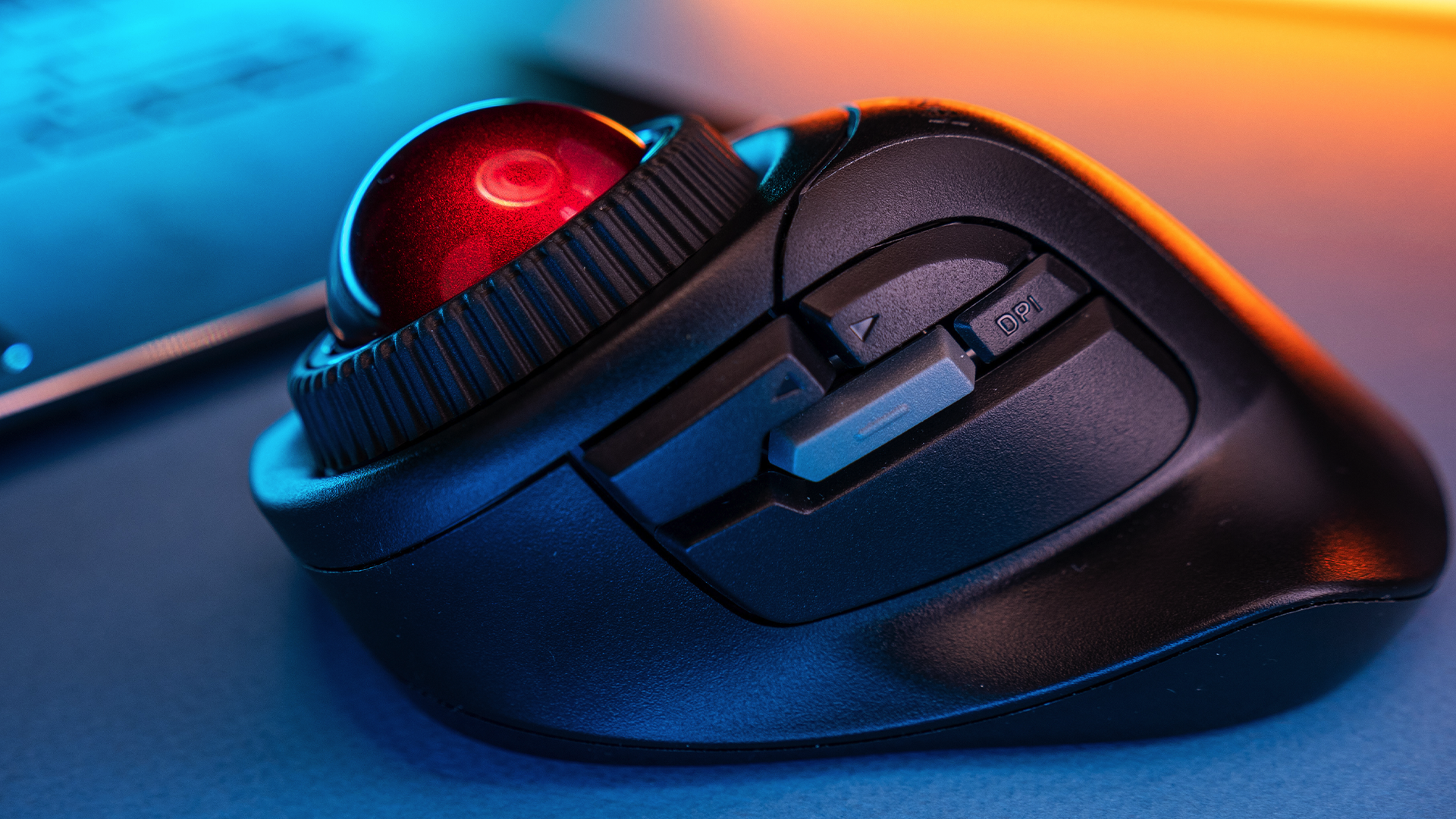 A photo of a trackball mouse.
