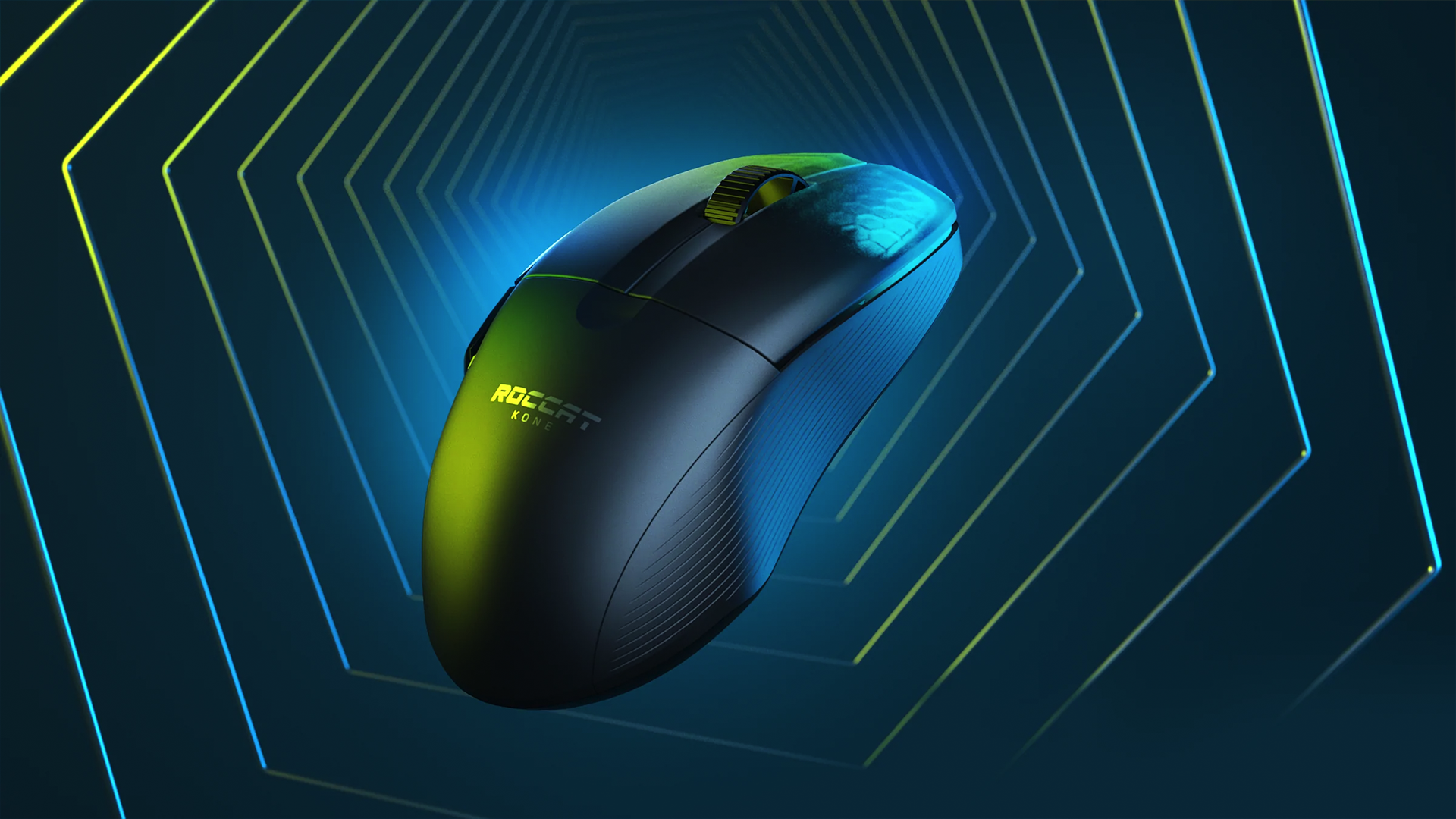 The ROCCAT Kone Pro Air mouse on a flashy blue background.