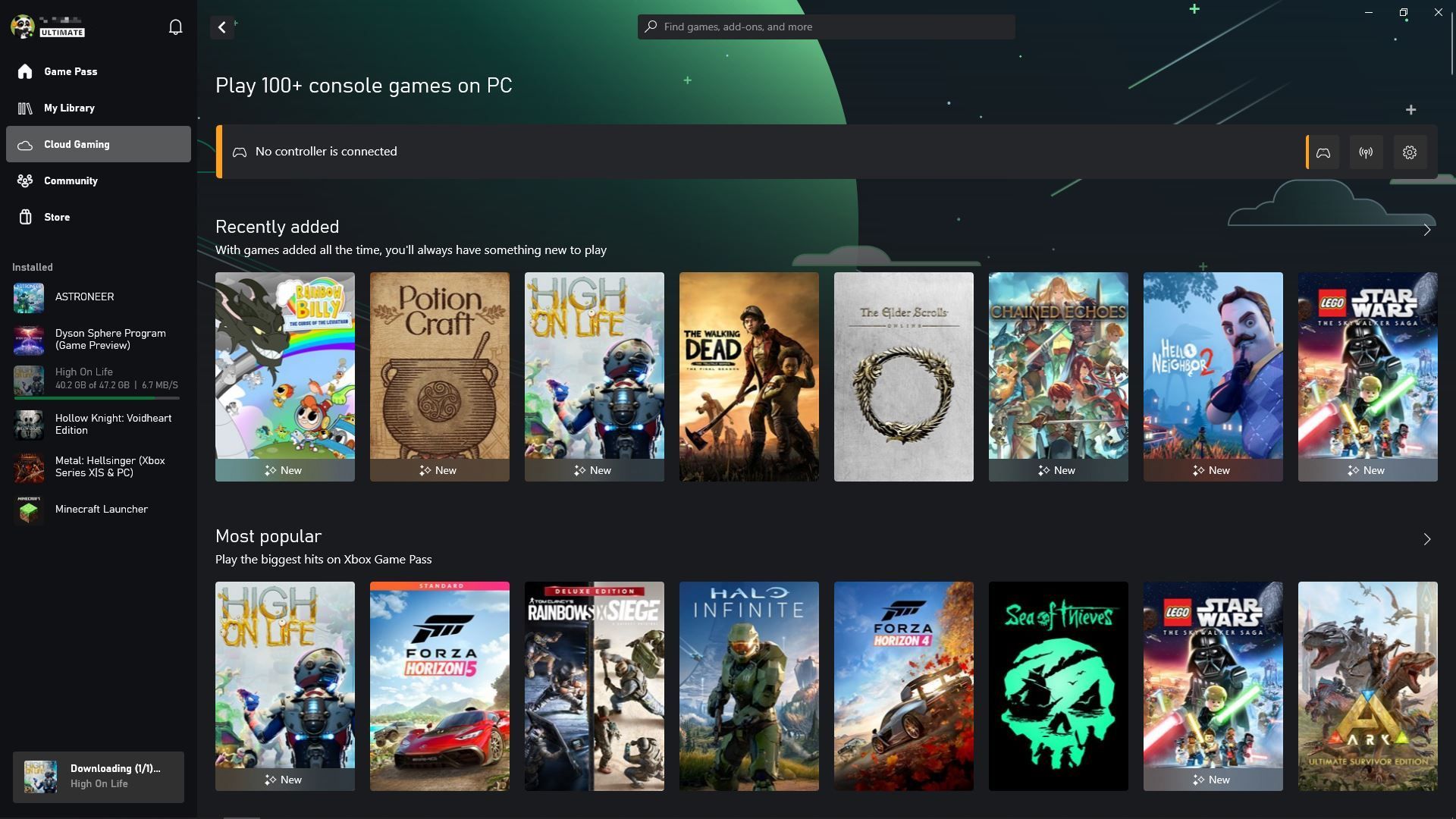 Cloud gaming tab in the Xbox Game Pass app for Windows.