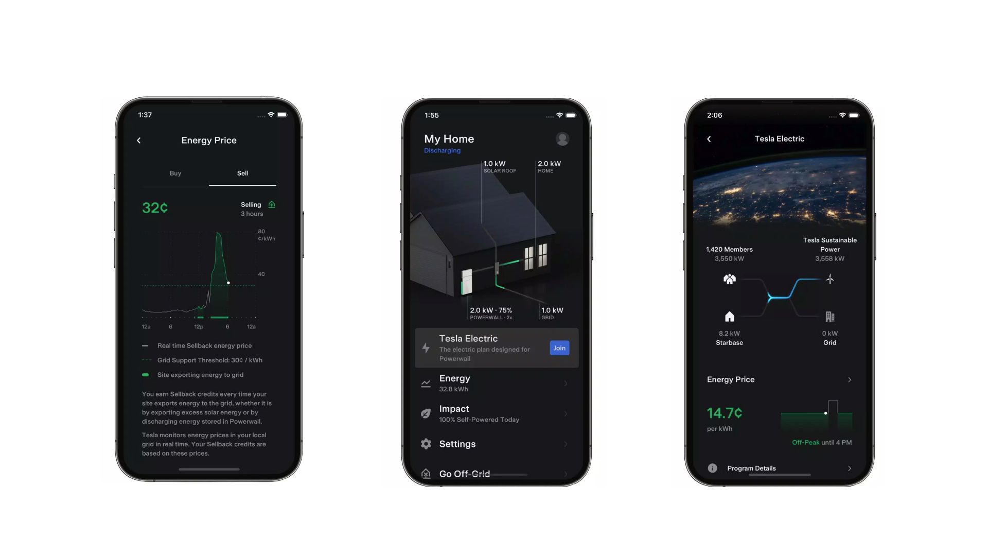 Tesla Electric power monitor and price tracker displayed on three smartphones.